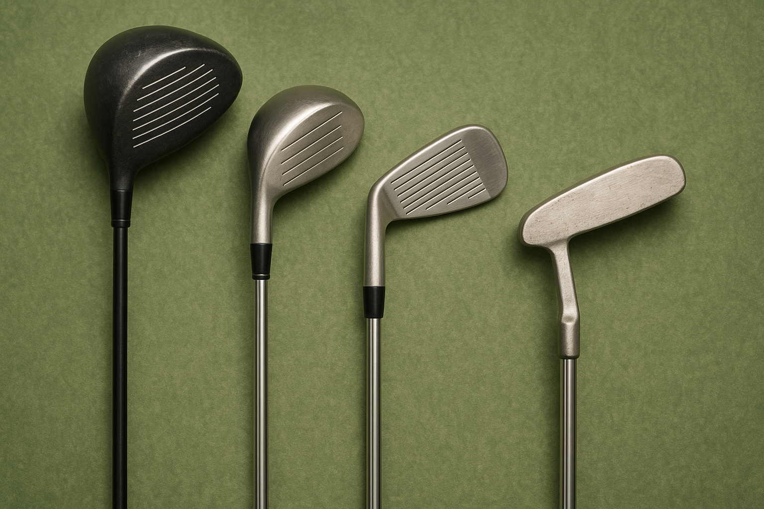 Bâtons de golf - 4 bâtons l'un à la suite de l'autre sur un fond vert