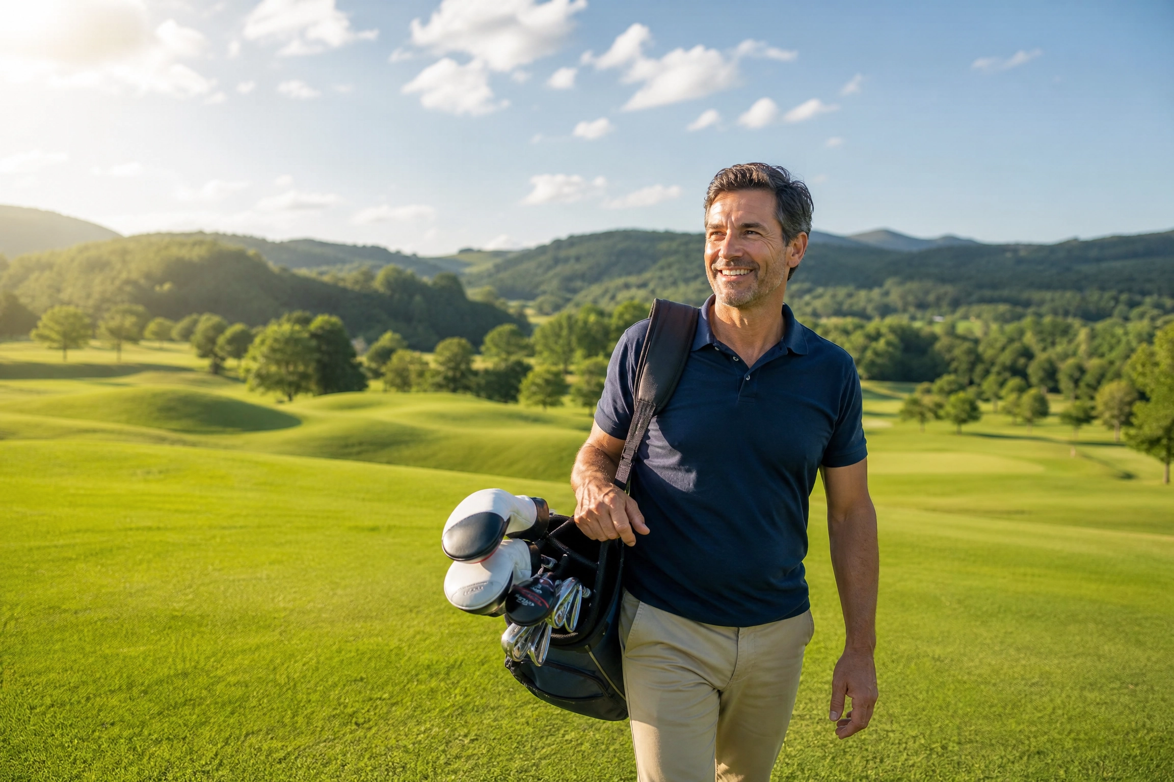 Bienfaits du golf : golfeur souriant marchant sur un parcours verdoyant avec son sac de bâtons, entouré de collines boisées