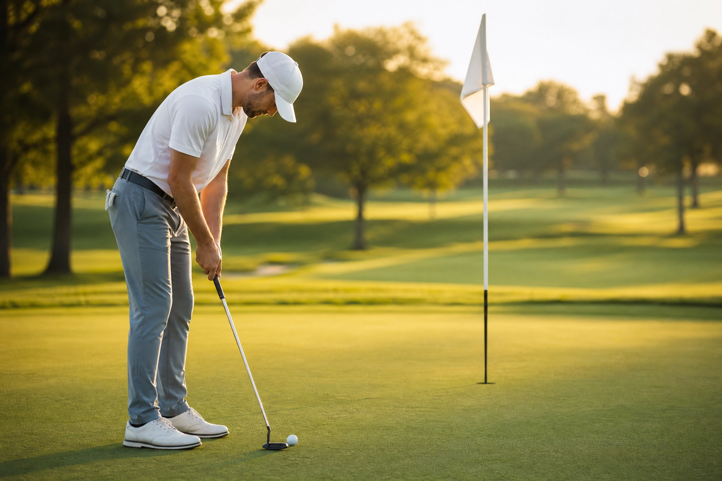 Putting au golf : golfeur en polo blanc s'apprêtant à frapper sa balle sur le vert, avec le drapeau du trou en arrière-plan au coucher du soleil