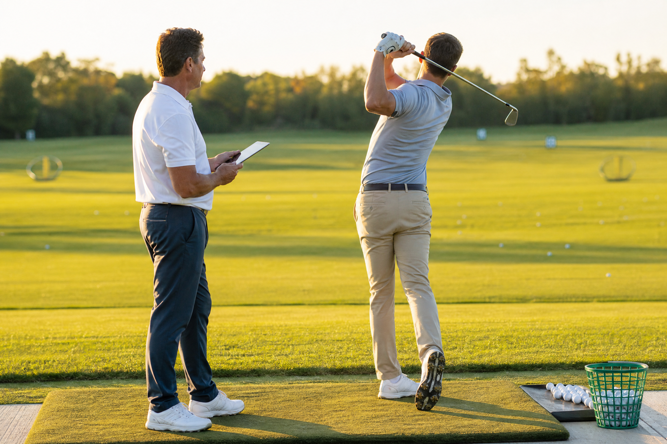 Instructeur avec tablette observant un joueur exécuter son élan au champ de pratique lors d'une leçon de golf.