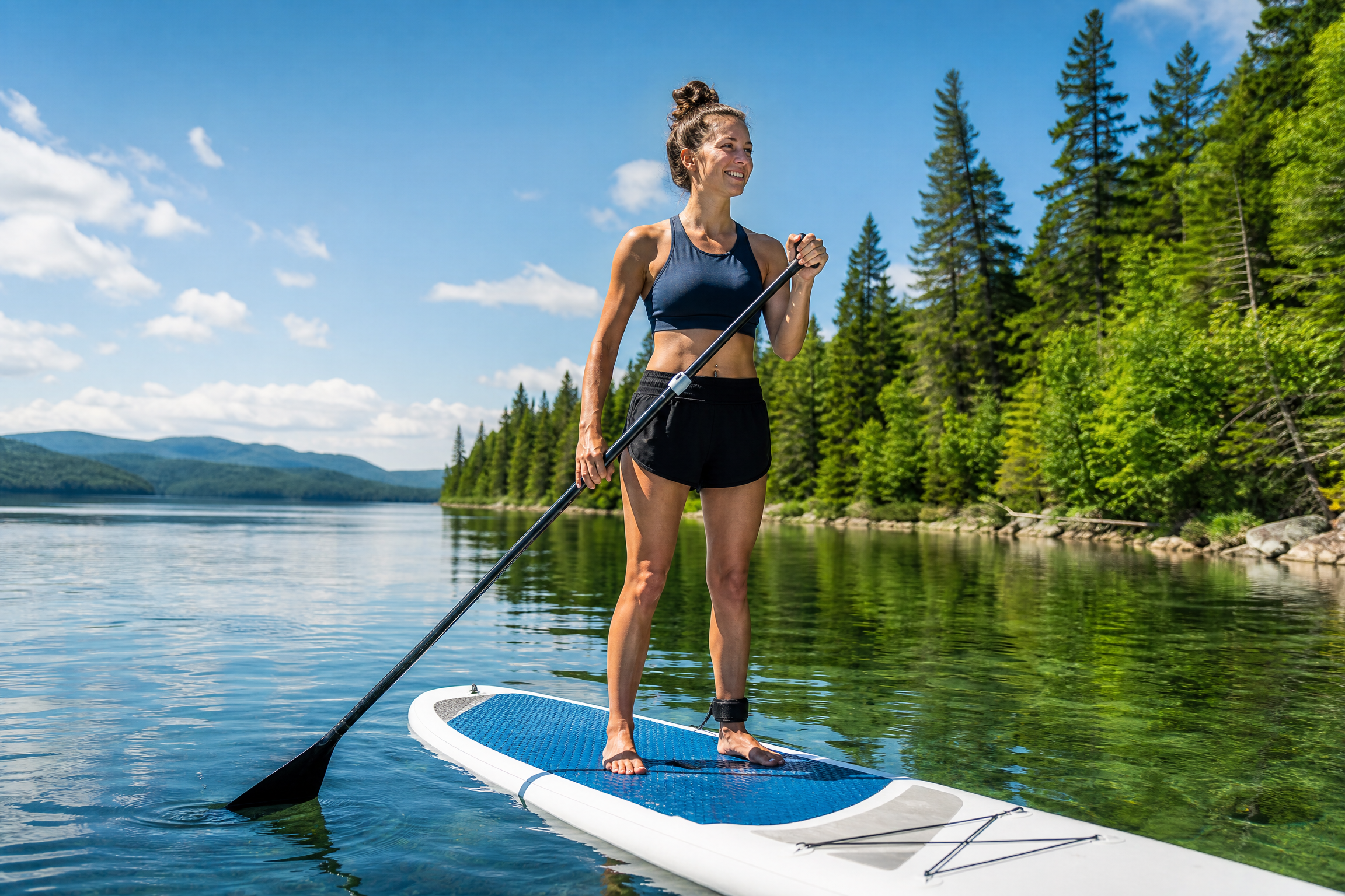 Femme souriante pagayant debout sur une planche sur un lac boisé, un sport d'été rafraîchissant.
