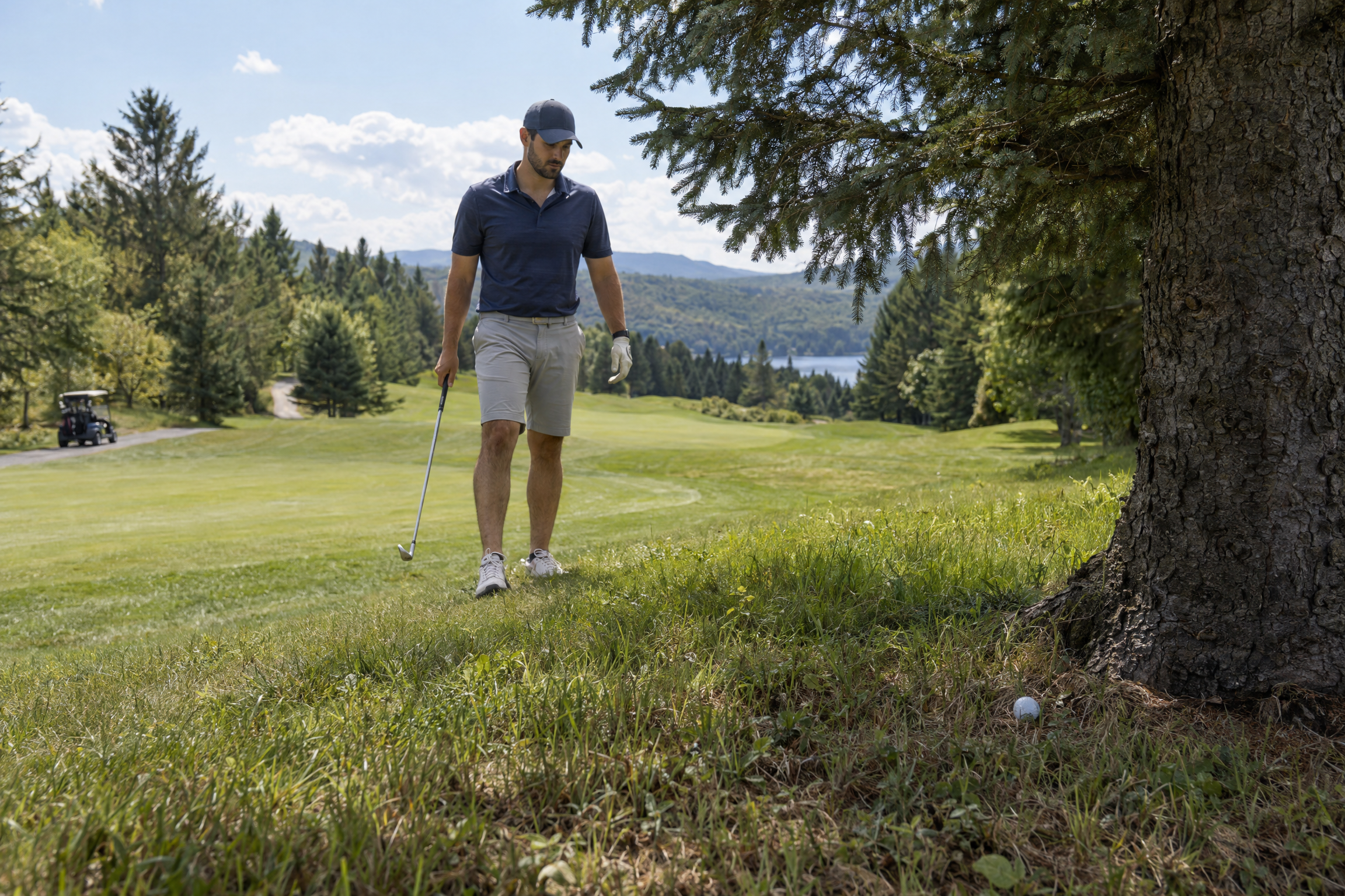 Golfeur bâton en main marchant vers sa balle tombée dans l’herbe longue au pied d’un sapin, conséquence typique d’un slice au golf. 